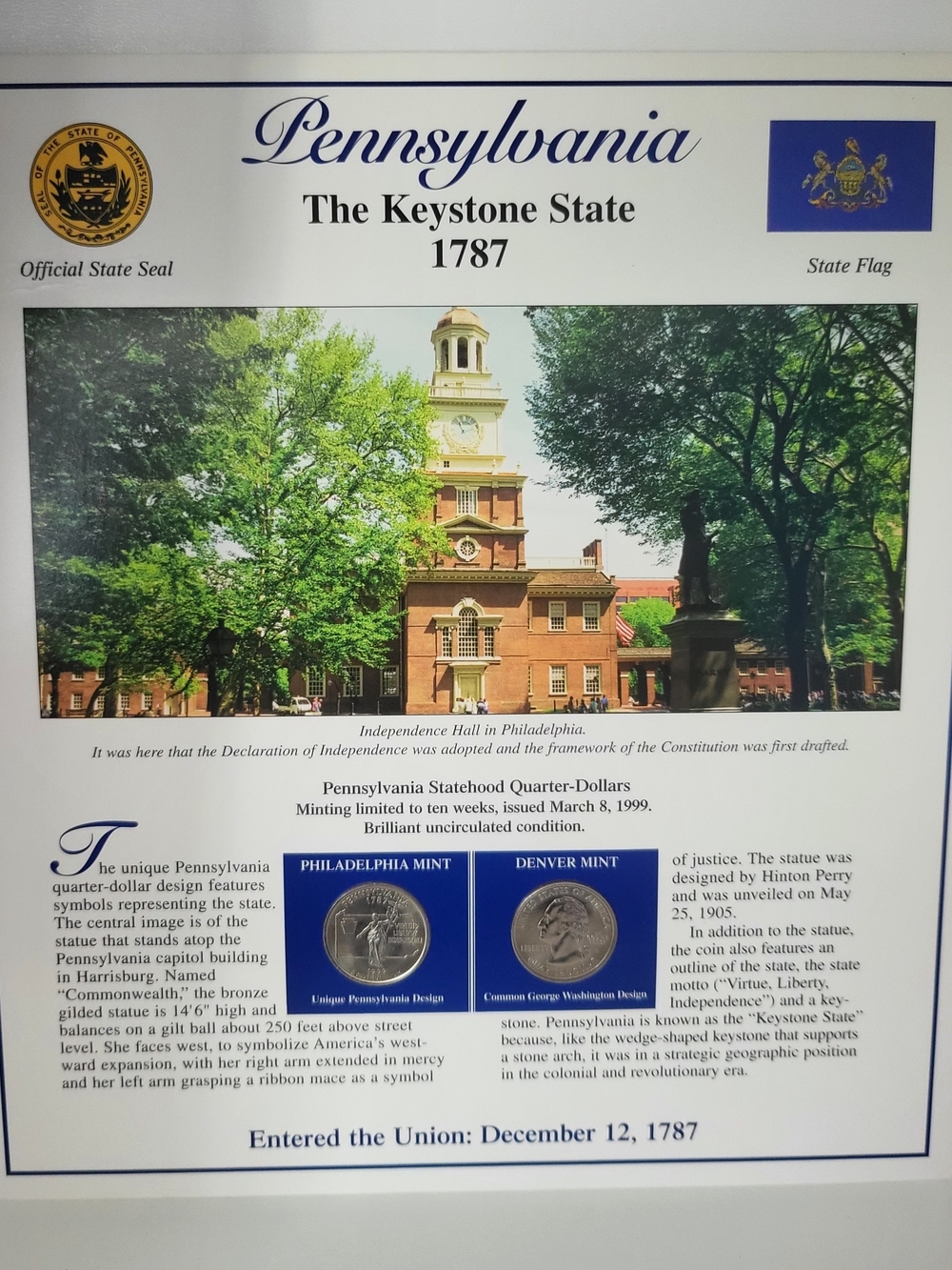 Statehood Quarters - Pennsylvanina The Keystone State -